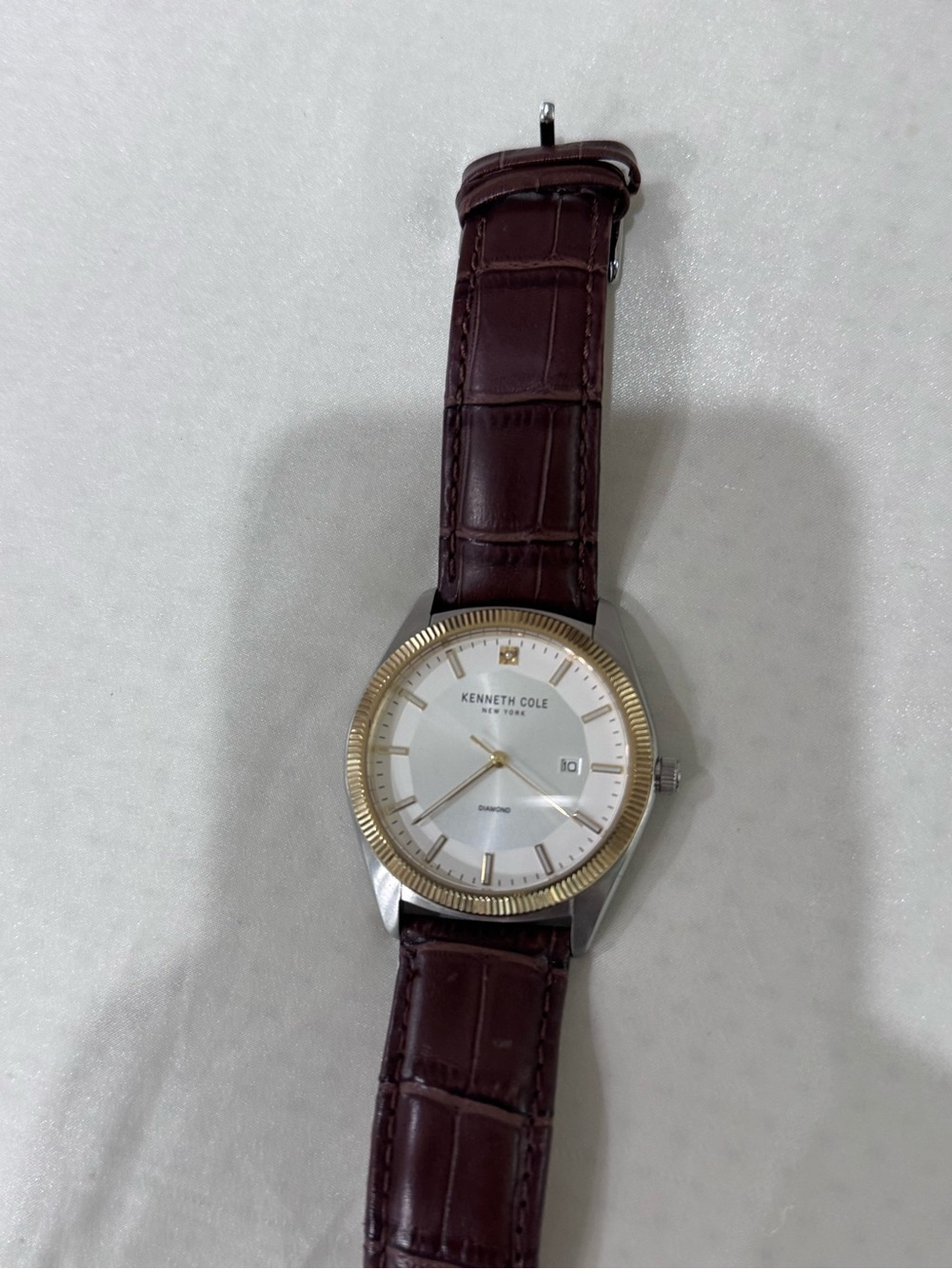 Kenneth Cole Brown Leather Strap Watch with Gold-Tone Bezel and White Dial